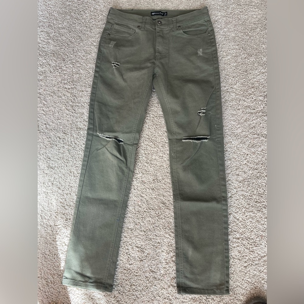 ROYAL BLUE Skinny Fit Jeans, 32/32, Light Olive Color, Distressed Look